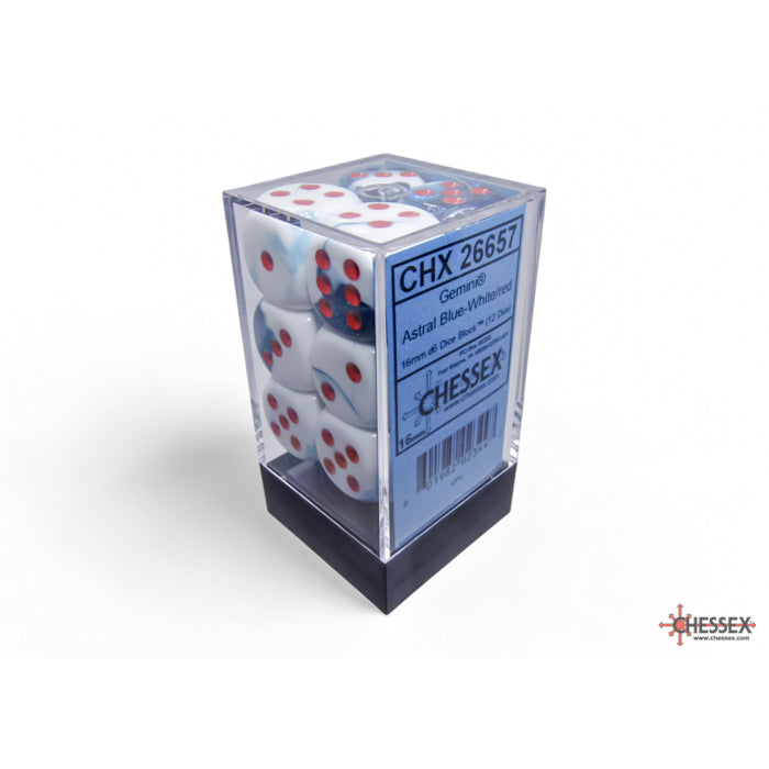 CHX 26657 Gemini Astral Blue-White/red 16mm d6 Dice Block (12 dice)