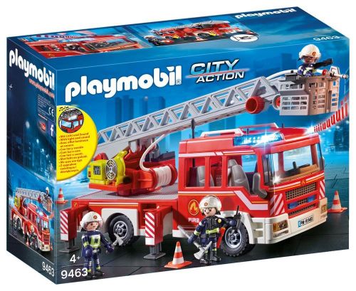 Playmobil Fire Ladder Unit showcases an RC-compatible fire truck with extendable ladder, working lights, and sounds for imaginative play.