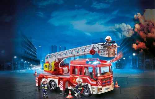 Playmobil Fire Ladder Unit with extendable ladder, working lights, and sounds for imaginative firefighting play.