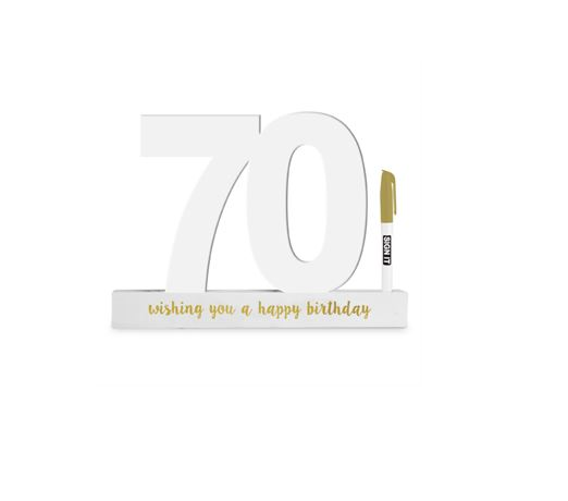 70th Birthday Sign - White with Gold Pen