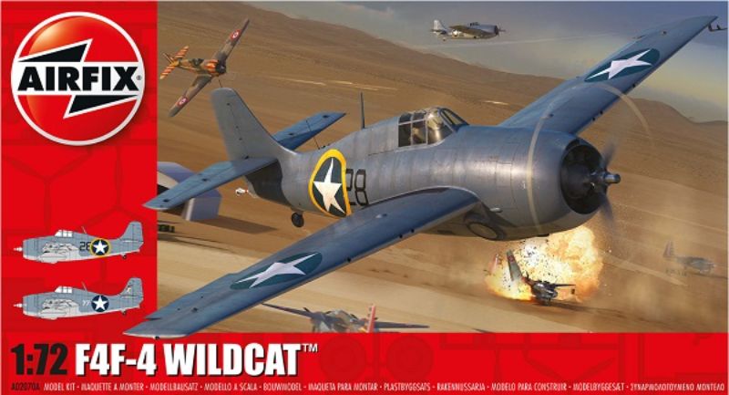 1/72 Airfix F4F-4 Wildcat model kit showcasing a detailed WWII US Navy fighter with two scheme options.