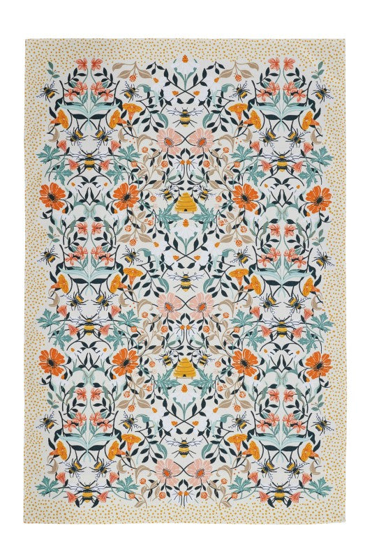 Vibrant mint green tea towel with bee prints and floral designs, made from eco-friendly cotton blend for kitchen use.