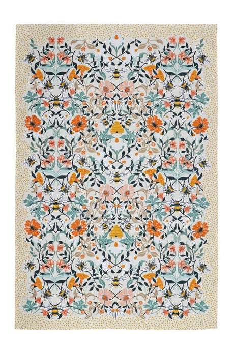 Vibrant mint green tea towel with bee prints and floral designs, made from eco-friendly cotton blend for kitchen use.