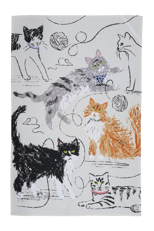 Cotton tea towel featuring whimsical cat illustrations, playful mice, and sustainable materials for eco-friendly kitchen decor.