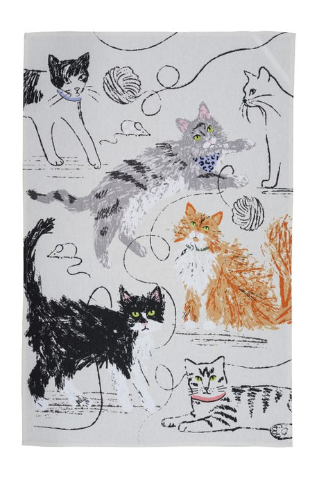 Cotton tea towel featuring whimsical cat illustrations, playful mice, and sustainable materials for eco-friendly kitchen decor.