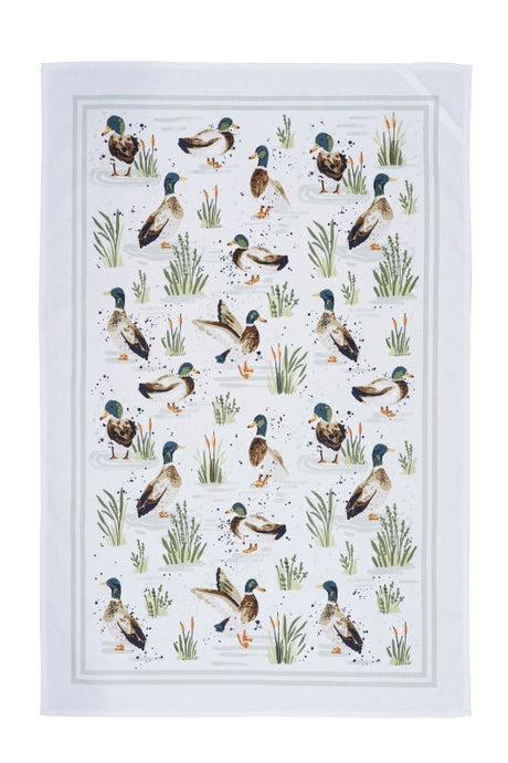 Ulster Weavers Cotton Tea Towel featuring whimsical mallard ducks on a sage green backdrop, eco-friendly and beautifully packaged.