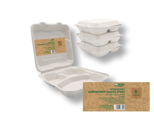4 Compartment Hinged Box - Max Choice Sugarcane Pulp (144pcs)