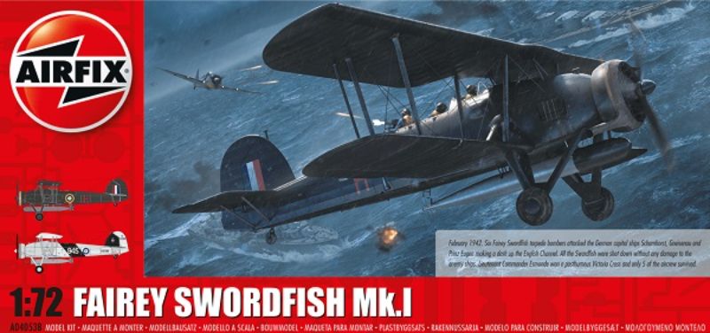 1/72 scale Airfix Fairey Swordfish Mk.I model kit with 125 pieces, two scheme options, and detailed wingspan design.