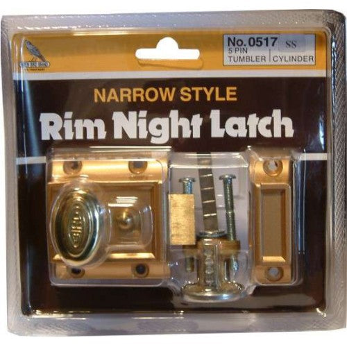 Stylish gold-colored night latch with a secure 5-pin cylinder and brass finish, perfect for enhancing door security.