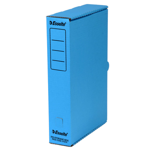 Vibrant blue ESSELTE storage box for A4 and foolscap paper, featuring spine panel and thumb hole for easy organization.