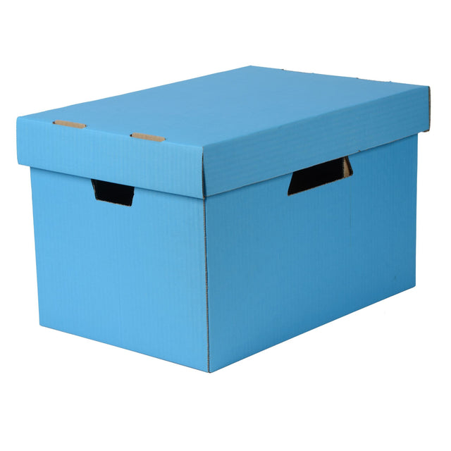 Vibrant blue ESSELTE archive box designed for organizing suspension files and documents; made from 71% recycled material.