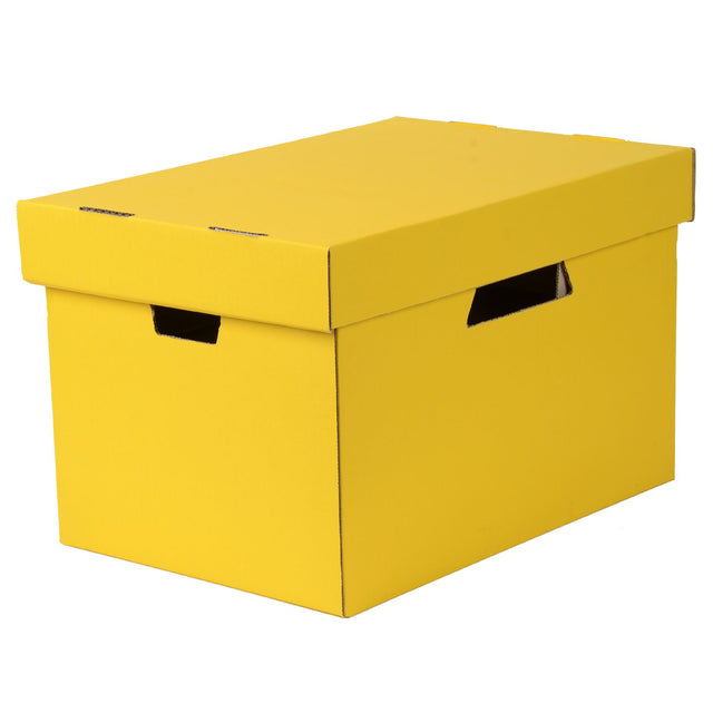 Vibrant yellow archive box designed for organized filing, made from recycled materials, easy to assemble with carry holes.