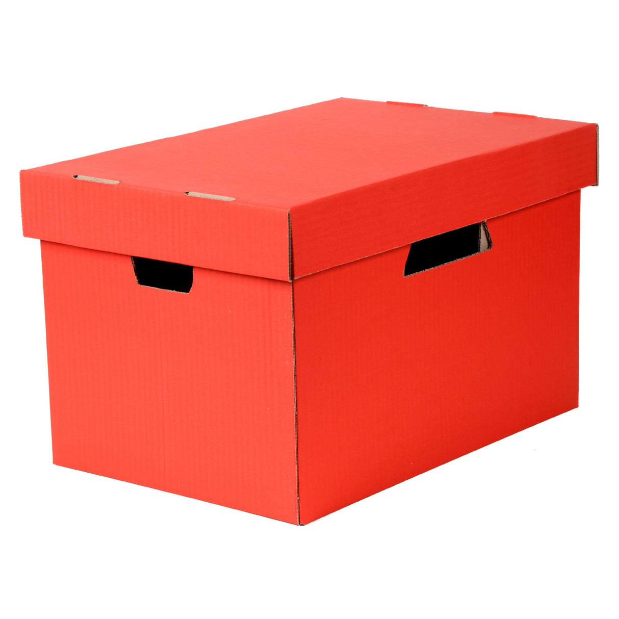 Red ESSELTE archive box designed for suspension files, easy to assemble, made from recycled materials, color-coded storage solution.