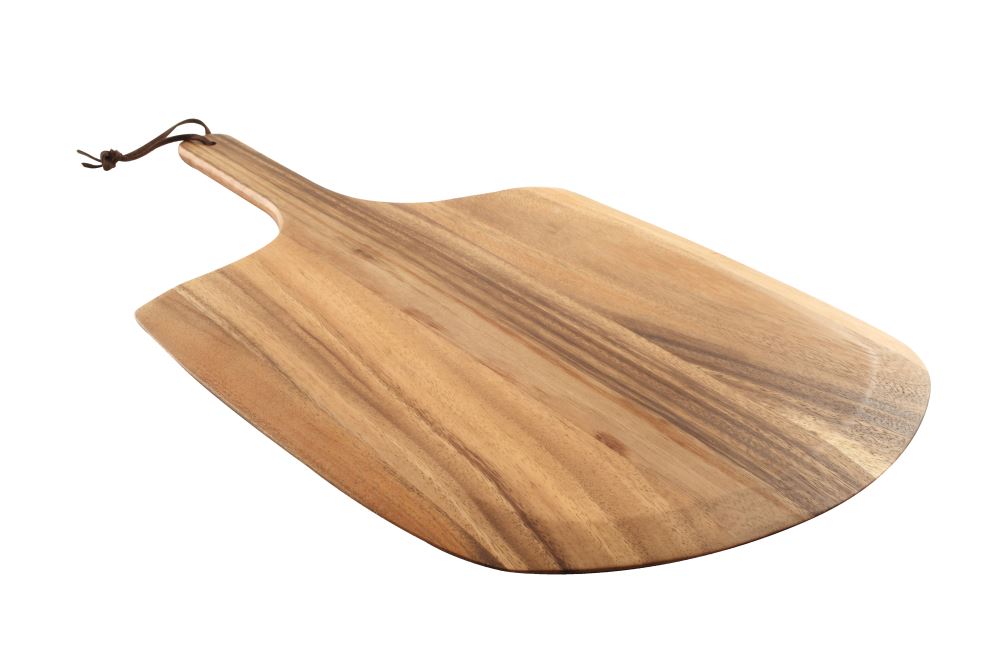 Baroque wooden pizza paddle made from rustic acacia, featuring leather tie, perfect for serving and transferring pizzas.