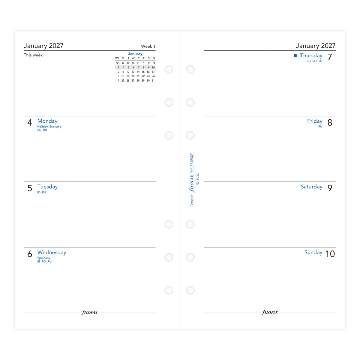 Filofax Refill Classic Week To View Personal 2027