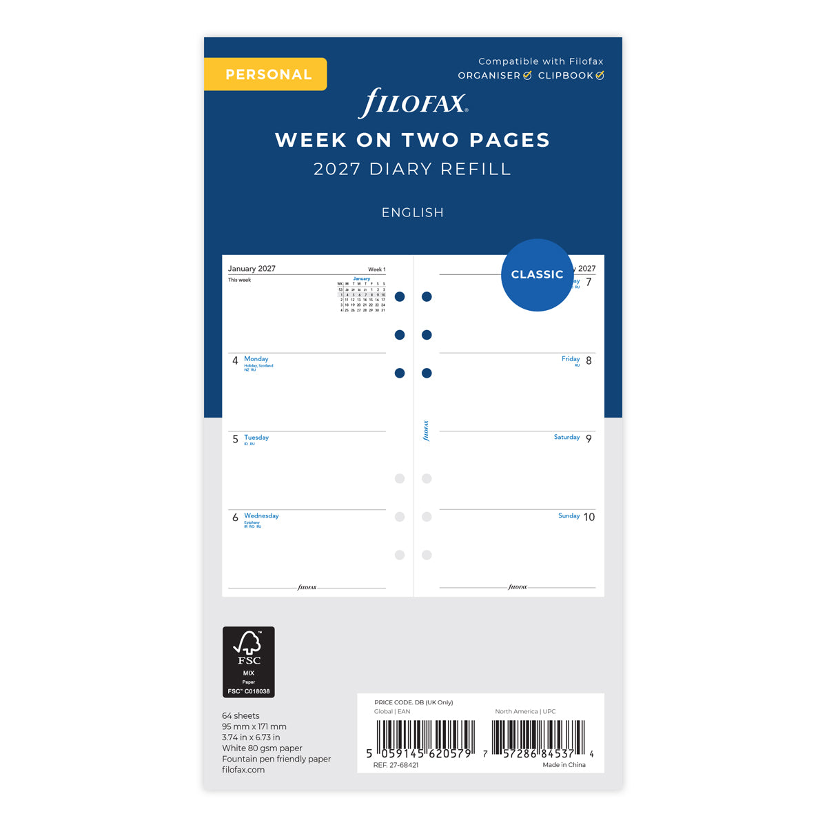 Filofax Refill Classic Week To View Personal 2027