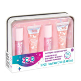 Butterfly Kisses Lip Set with 4 luxurious glosses, including 2 wand applicators, in a whimsical butterfly tin.