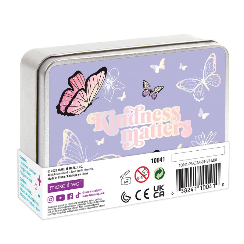 Butterfly Kisses Lip Set featuring 4 luxurious glosses in a butterfly-themed reusable tin for hydrated, vibrant lips.