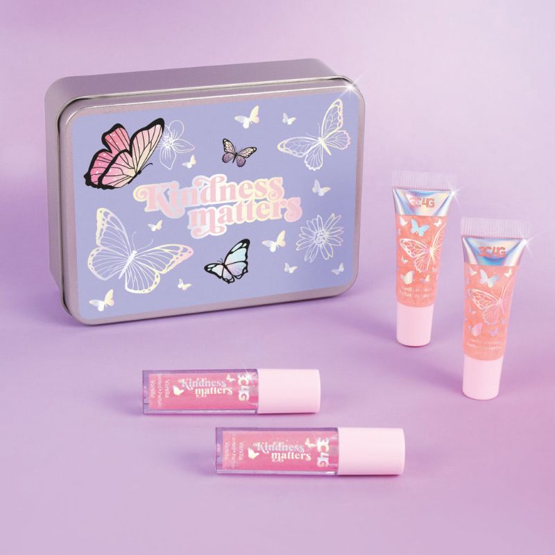 Butterfly Kisses Lip Set featuring 4 nourishing glosses in a whimsical tin for vibrant, high-shine lips.