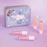 Butterfly Kisses Lip Set featuring 4 nourishing glosses in a whimsical tin for vibrant, high-shine lips.