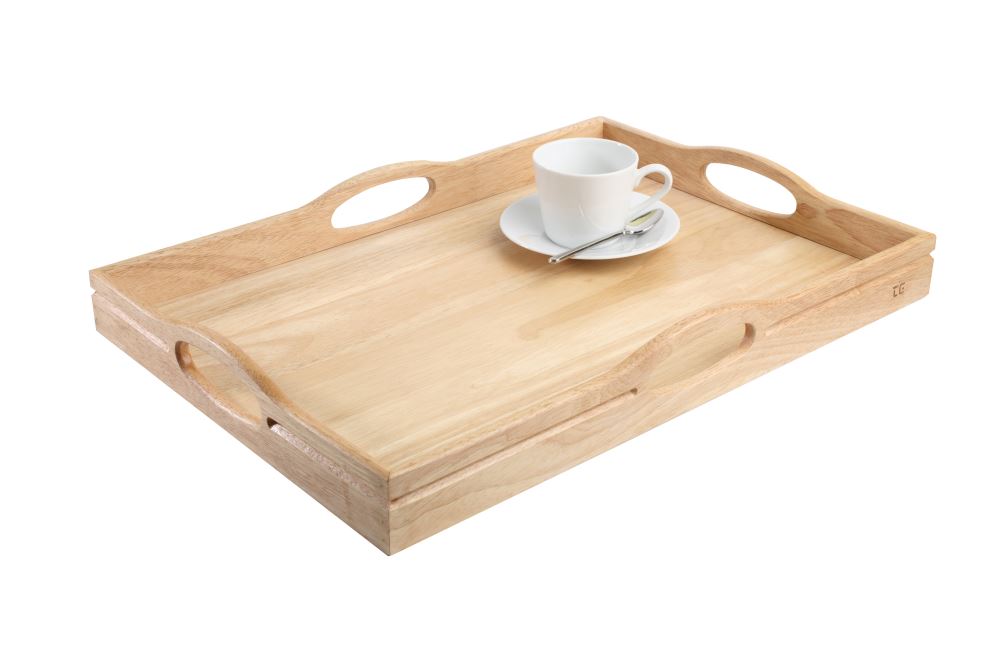 Large hevea serving tray with four handles, ideal for breakfast in bed and stylish dining occasions.