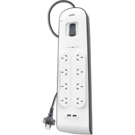 Belkin 8-Outlets Surge Protector with 2 USB ports, offering 900 Joules protection for reliable device safety.
