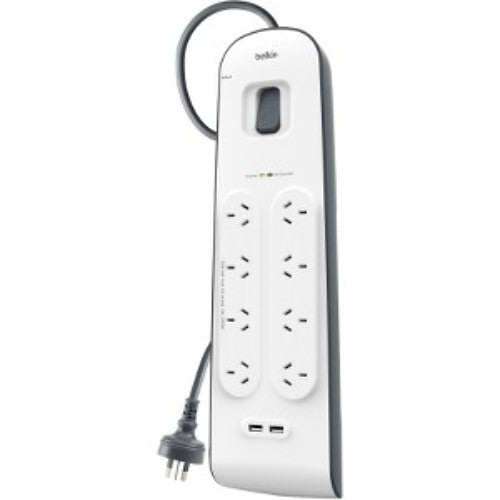 Belkin 8-Outlets Surge Protector with 2 USB ports, offering 900 Joules protection for reliable device safety.