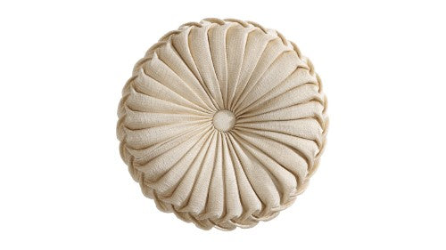 Elegant gold round cushion with intricate pleating, 36cm diameter, designed for luxurious bedroom décor.