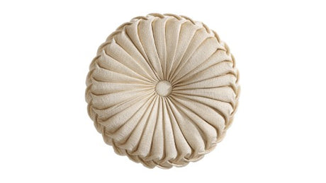 Elegant gold round cushion with intricate pleating, 36cm diameter, designed for luxurious bedroom décor.