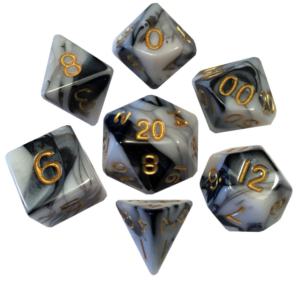 Fanroll: 16mm Acrylic Polyhedral Dice Set: Marble w/ Gold Numbers
