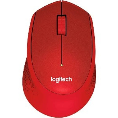 Logitech Silent Plus M331 red wireless mouse for right-handed users, features 90% noise reduction and ergonomic design.