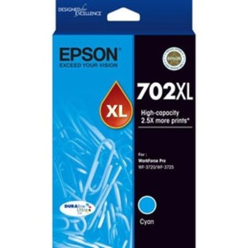 Epson DURABrite Ultra 702XL High Yield Cyan Ink Cartridge for Inkjet Printers - 2.5x Prints