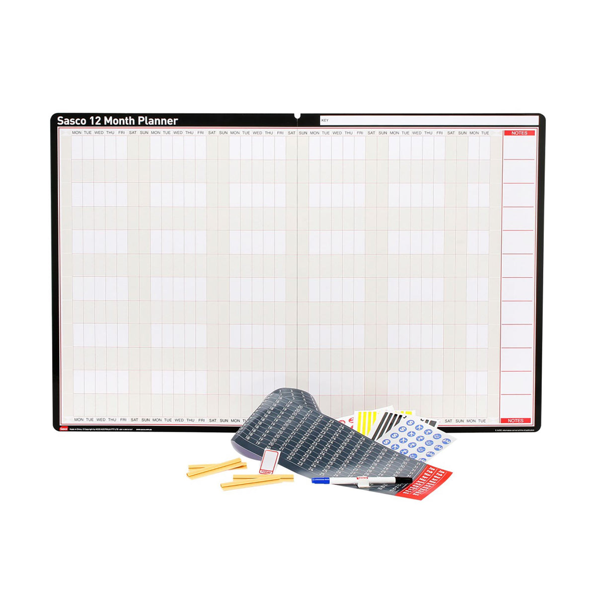 Sasco 12 Month Planner 910x605mm featuring a wipe-off surface, stickers, and ample space for organizing schedules.