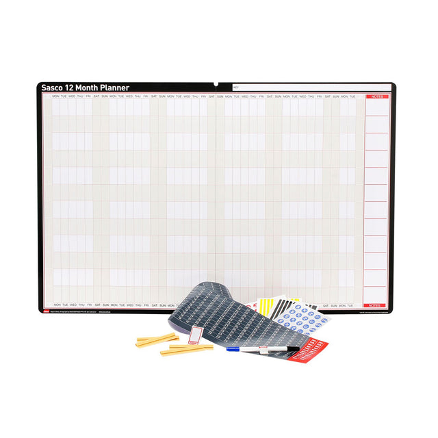 Sasco 12 Month Planner 910x605mm featuring a wipe-off surface, stickers, and ample space for organizing schedules.