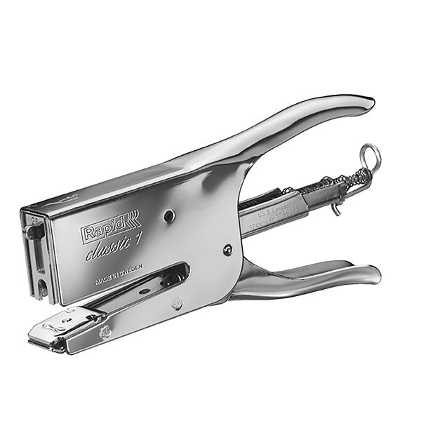 Sleek Rapid Plier K1 Chrome stapler, capable of stapling 50 sheets, with adjustable anvil for versatility and stylish design.