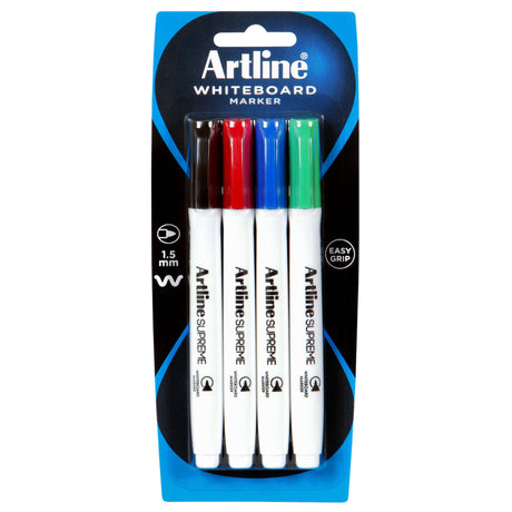 Artline Supreme Whiteboard Marker 4pk with vibrant colors, ergonomic design, and 1.5mm nib for bold, precise writing.