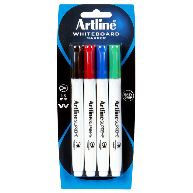 Artline Supreme Whiteboard Marker 4pk with vibrant colors, ergonomic design, and 1.5mm nib for bold, precise writing.