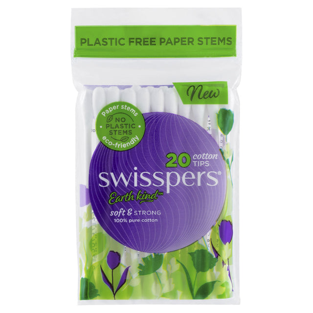 Swisspers Cotton Tips with eco-friendly paper stems, ideal for beauty care and precision makeup application.