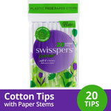 Swisspers Cotton Tips with eco-friendly paper stems, featuring soft 100% pure cotton for beauty and personal care.