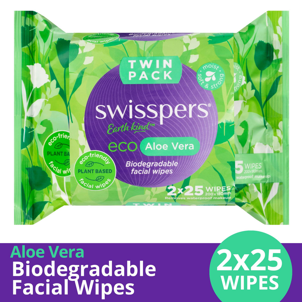 Swisspers Eco Aloe Vera Biodegradable Facial Wipes Twin 2x25 pack