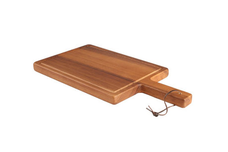 Acacia Tuscany Small Chunky Board with handle, groove for juices, perfect for serving charcuterie and bread.