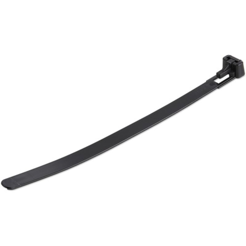 Black reusable cable ties, 15cm long, 7mm wide, 22kg strength, 100 pack for effective cable organization.