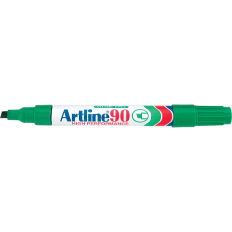 Artline 90 Permanent Marker pack with 12 green markers featuring a 5mm chisel nib for versatile marking on various surfaces.