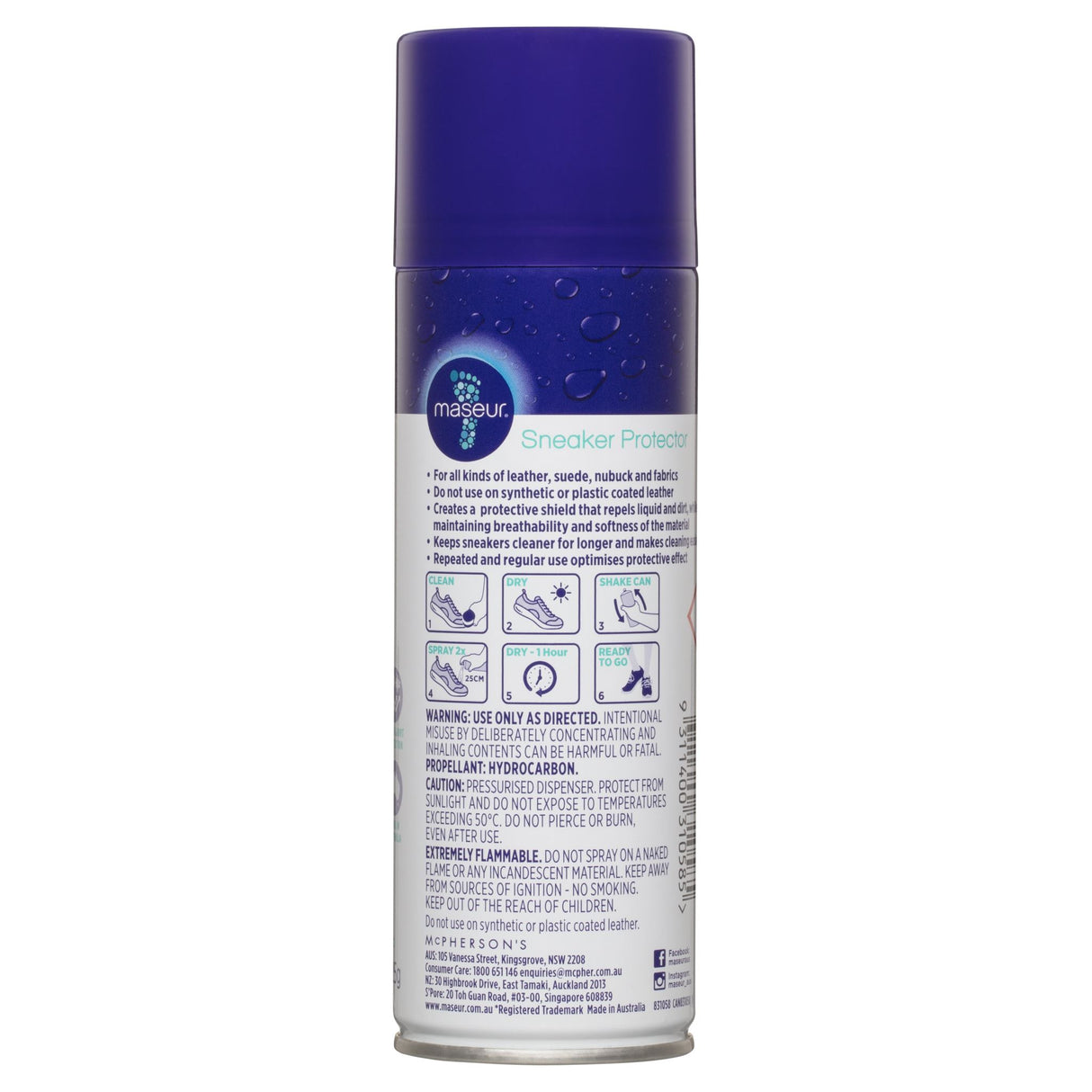 Maseur Footcare Sneaker Protector 125g safeguards leather, suede, and fabric sneakers from dirt and stains while maintaining breathability.