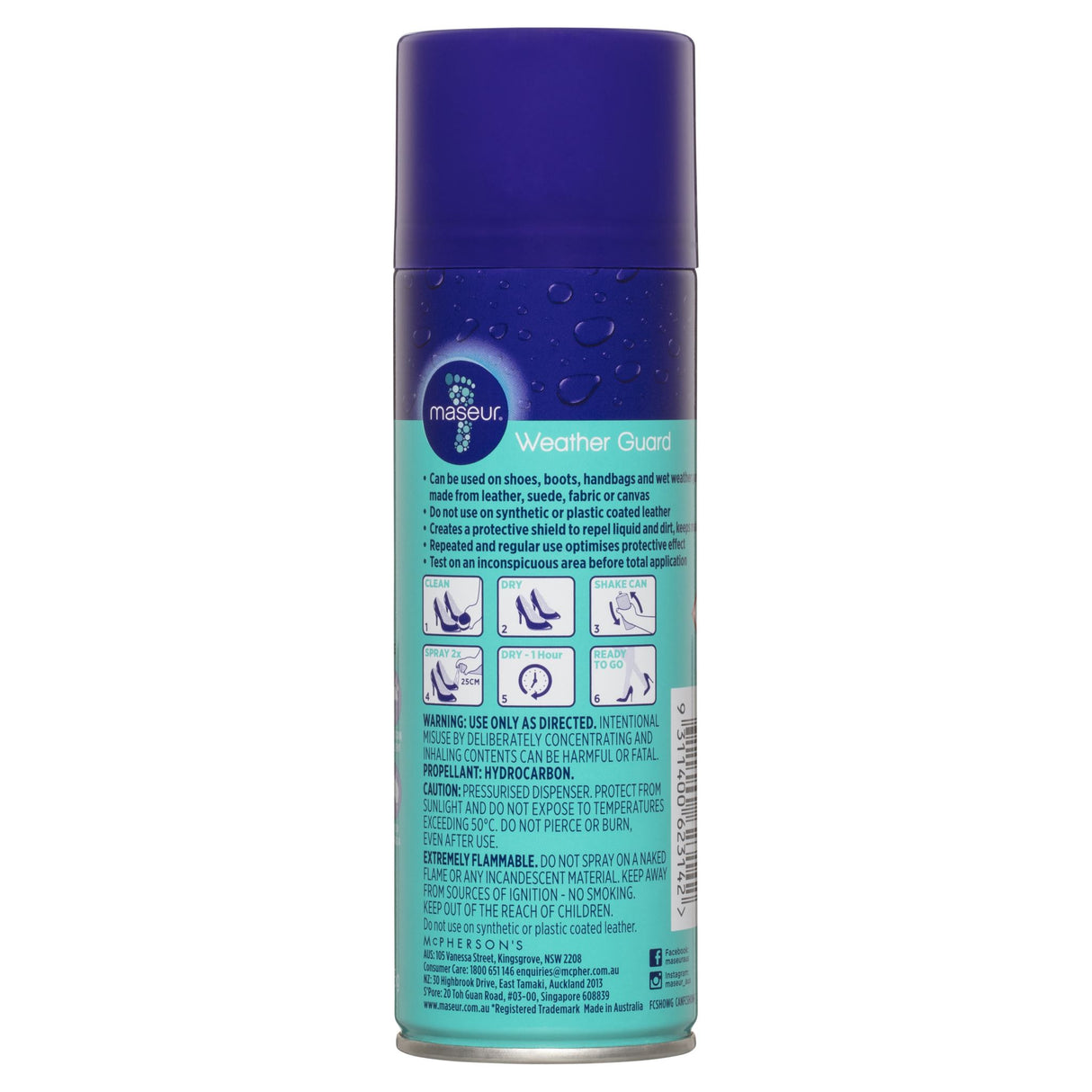 Maseur Footcare Weather Guard 125g spray protects leather, suede, and fabric from moisture and stains with breathable coverage.