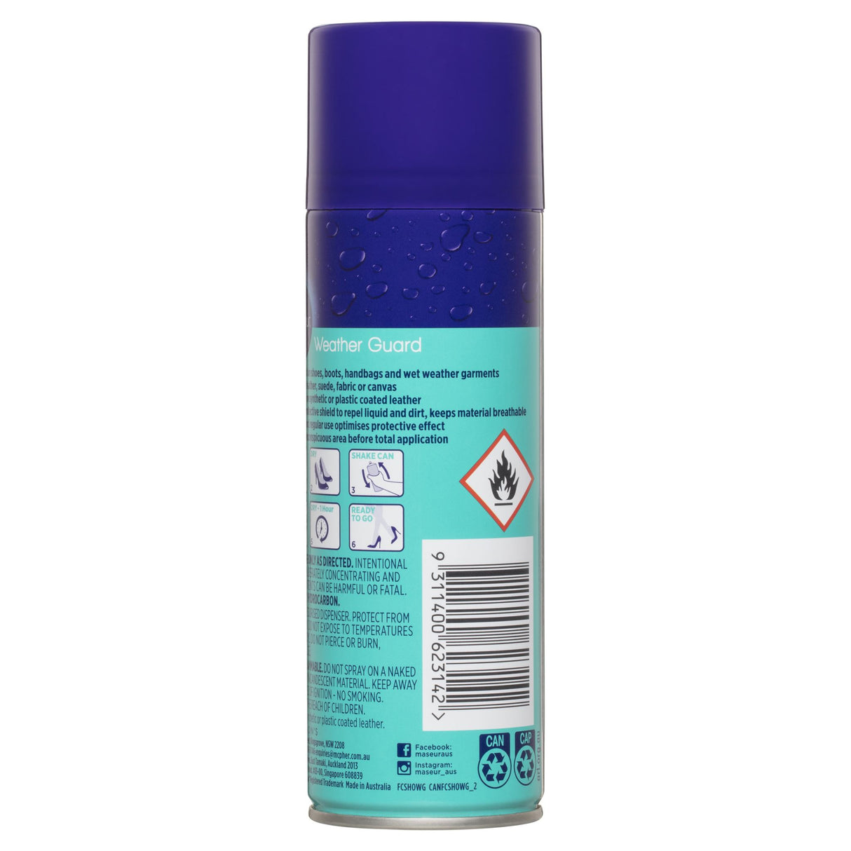 Maseur Footcare Weather Guard 125g spray for waterproofing leather, suede, and fabric against dirt and moisture.