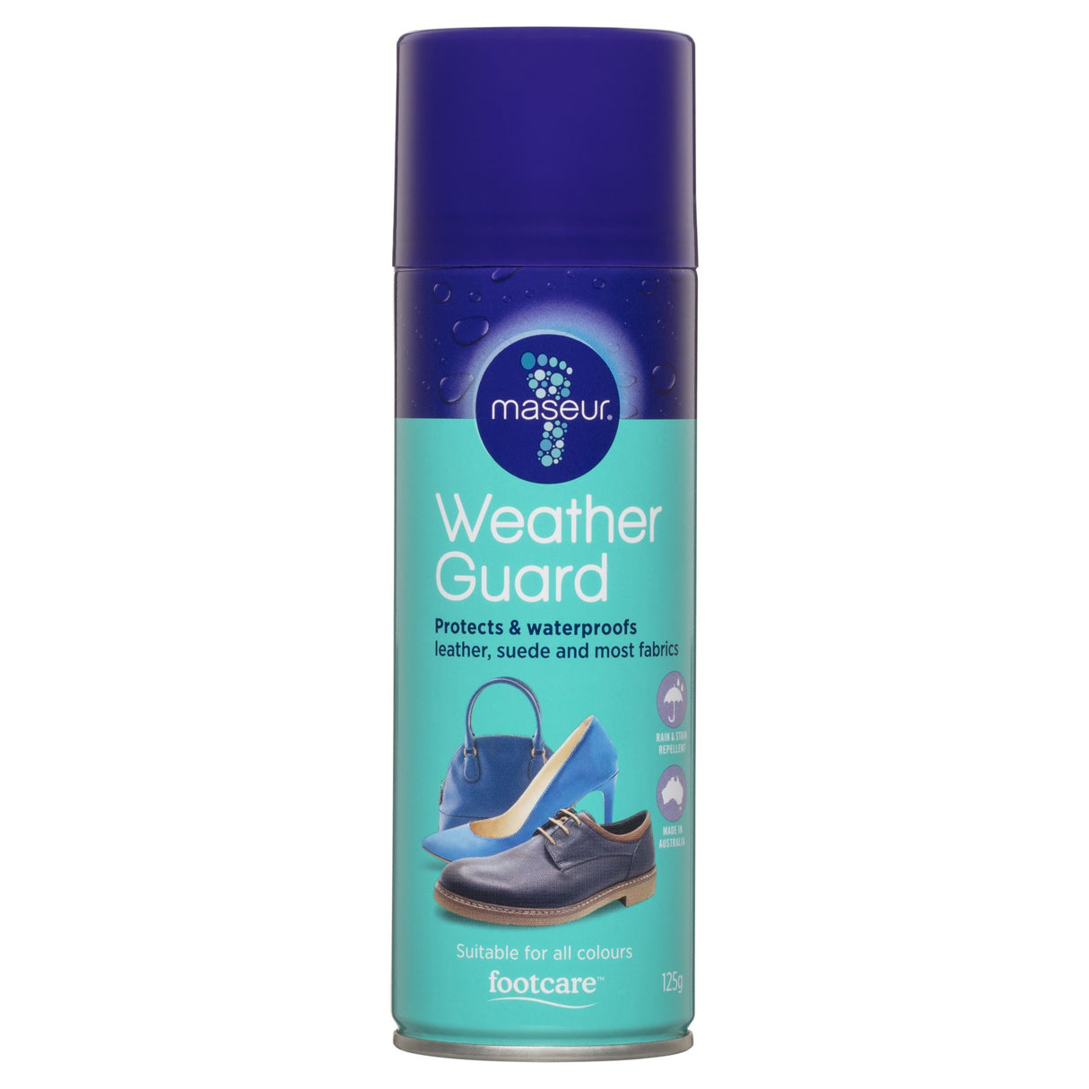 Maseur Footcare Weather Guard 125g spray protects leather, suede, and fabric from water and stains, ensuring lasting cleanliness.