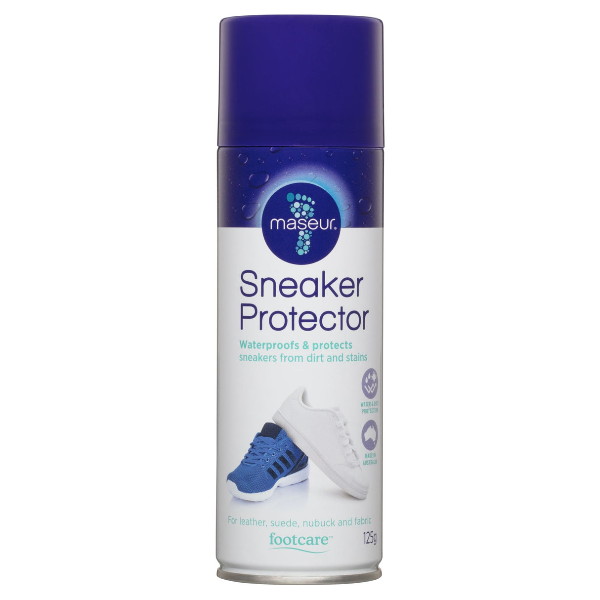 Maseur Footcare Sneaker Protector 125g, waterproof sneaker spray that shields leather, suede, nubuck, and fabric from dirt and stains.