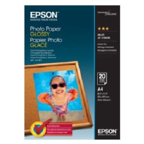 Epson Glossy Photo Paper A4, 20 sheets, for vibrant, professional-quality prints and quick-drying, smudge-resistant results.