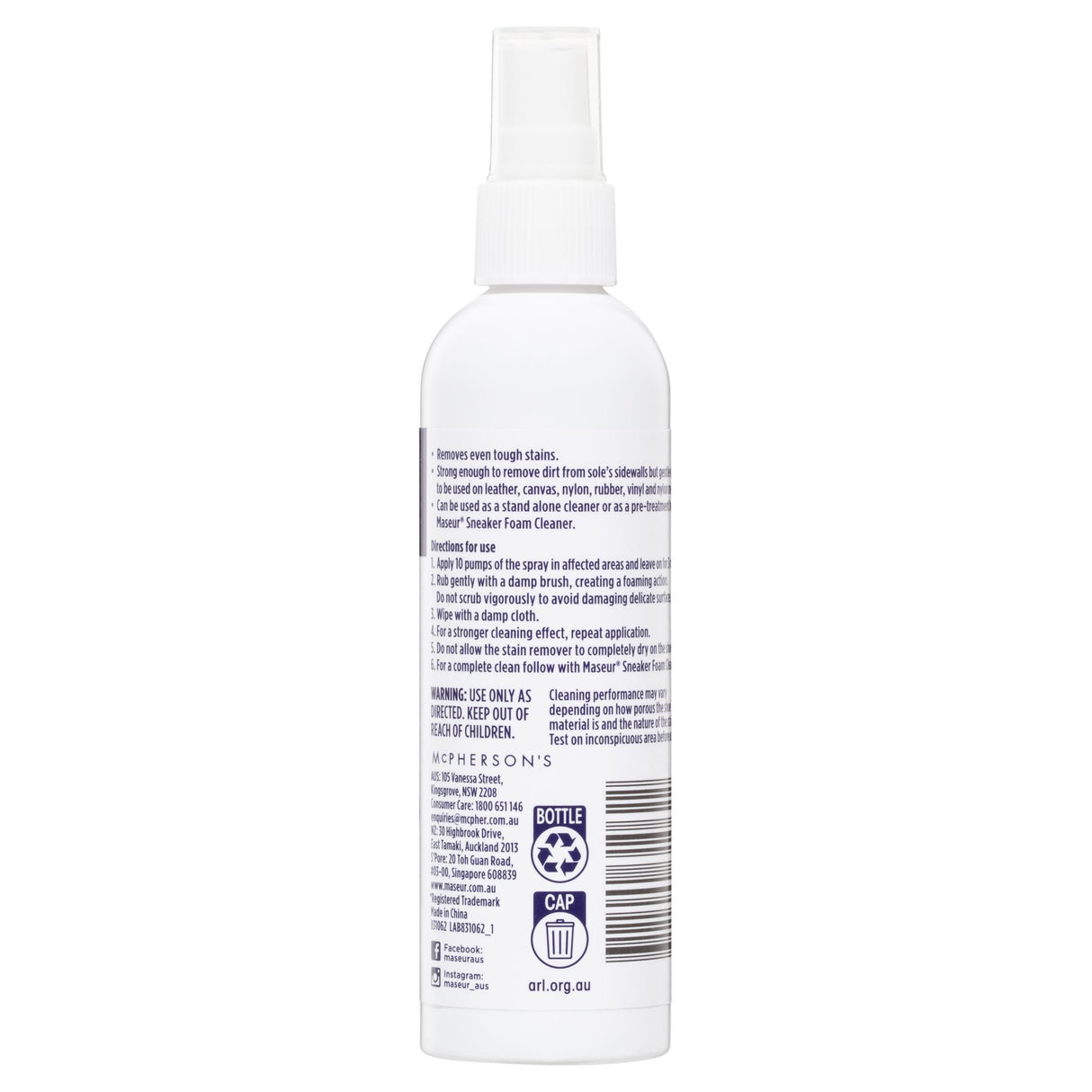 Maseur Footcare Sneaker Stain Remover 120mL, effective on tough sneaker stains for leather, canvas, and more.